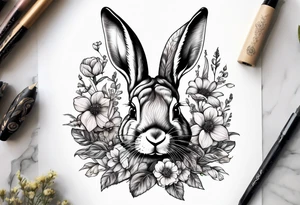 Realistic rabbit head and flowers tattoo idea
