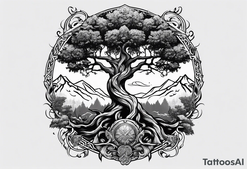yggdrasil merging into a viking battle scene tattoo idea