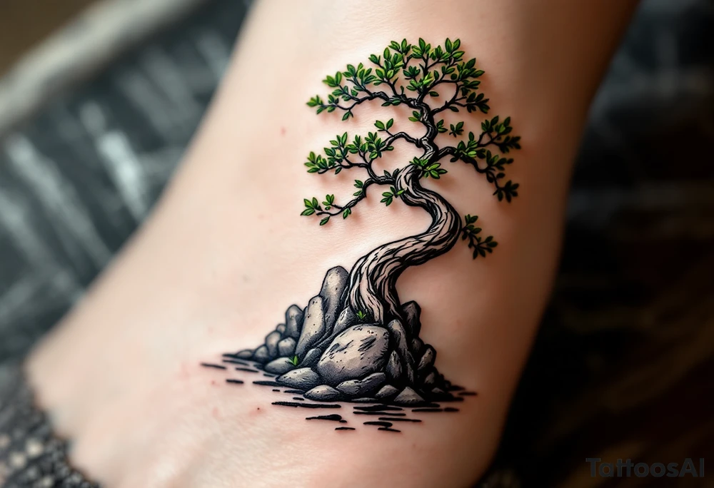 A green and black bonsai tree growing from a small rocky base, symbolizing harmony and patience. tattoo idea