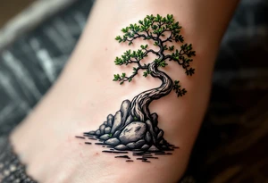 A green and black bonsai tree growing from a small rocky base, symbolizing harmony and patience. tattoo idea