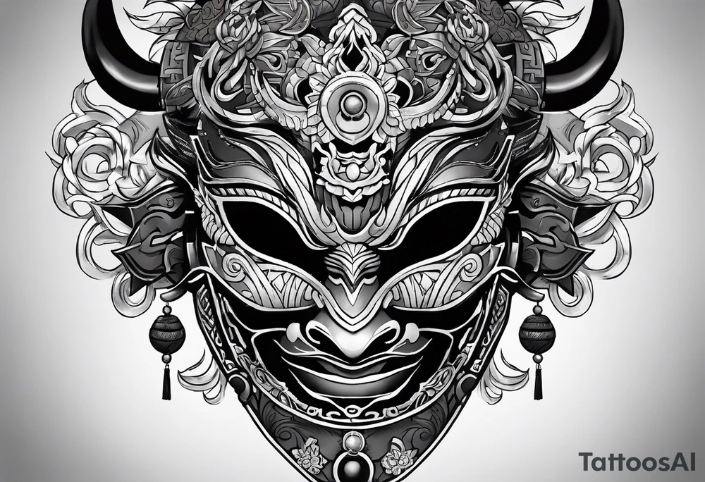 hanya mask on the shoulder, mask from ghost of Tsushima, hanya mask with three eyes tattoo idea