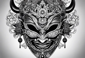 hanya mask on the shoulder, mask from ghost of Tsushima, hanya mask with three eyes tattoo idea