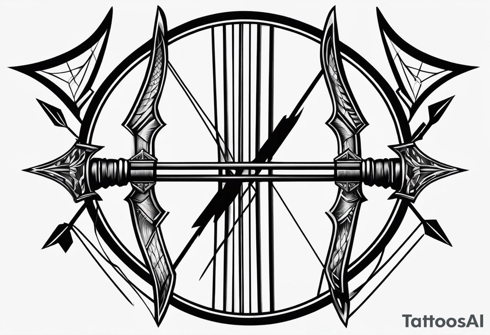 A loaded bow with 2 arrows. minimalist and clean, even abstract. tattoo idea