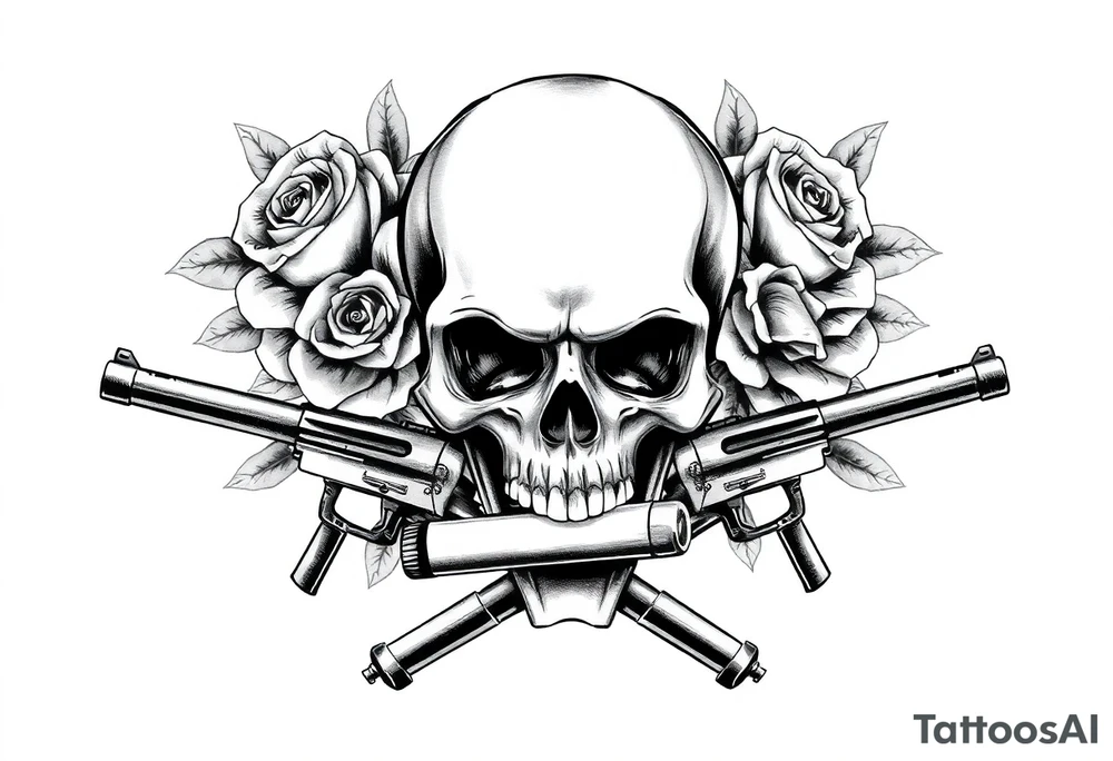 realistic skull,roses,cigar,crossed guns, tattoo idea
