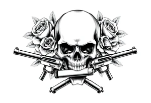 realistic skull,roses,cigar,crossed guns, tattoo idea