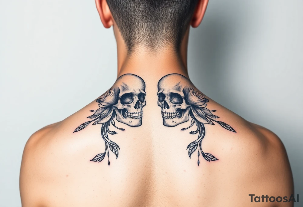 Feminie floral couple love tattoo with skulls tattoo idea