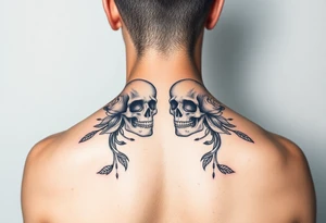 Feminie floral couple love tattoo with skulls tattoo idea