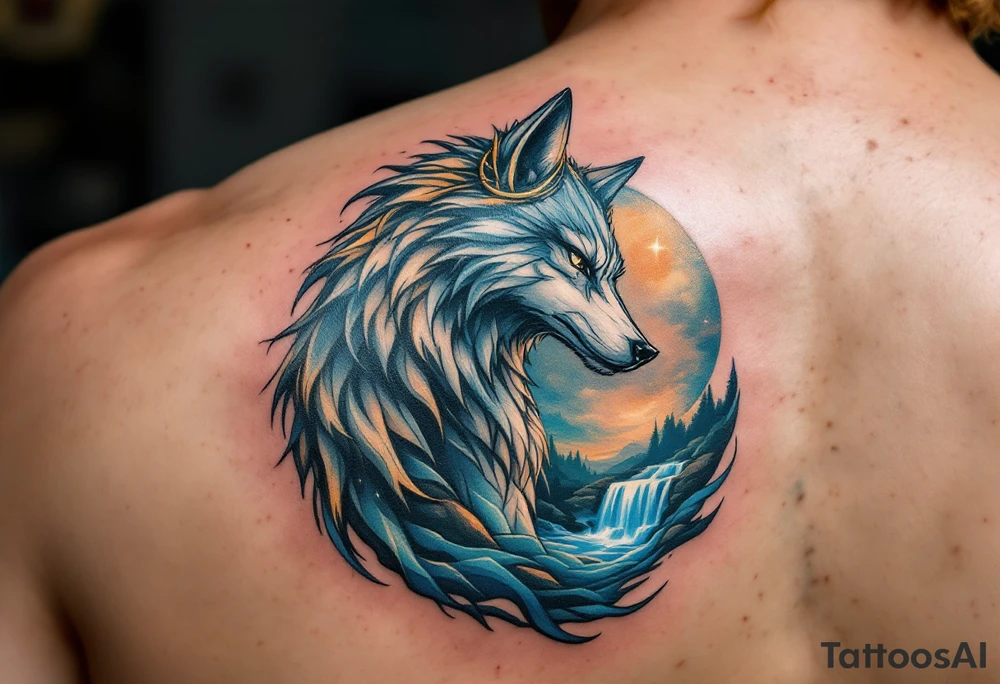 A mystical wolf-headed Aquarius guardian, standing by a cosmic waterfall, symbolizing Aquarius’ deep intuition and free spirit. tattoo idea