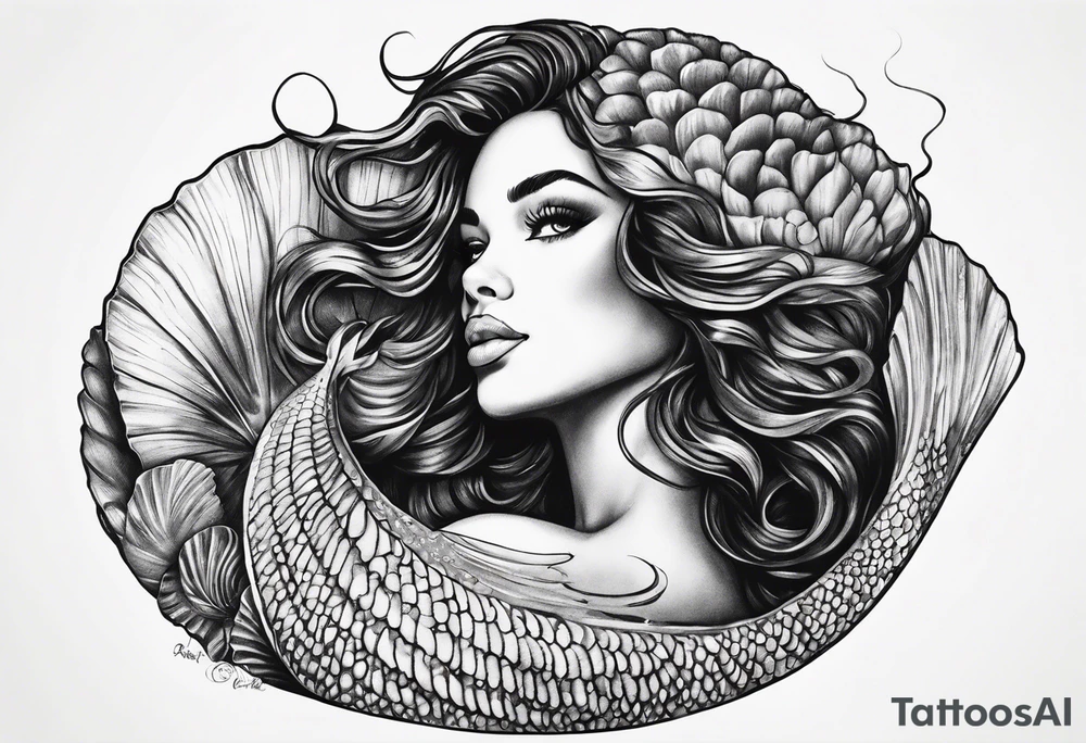black mermaid in clam shell tattoo idea