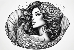 black mermaid in clam shell tattoo idea