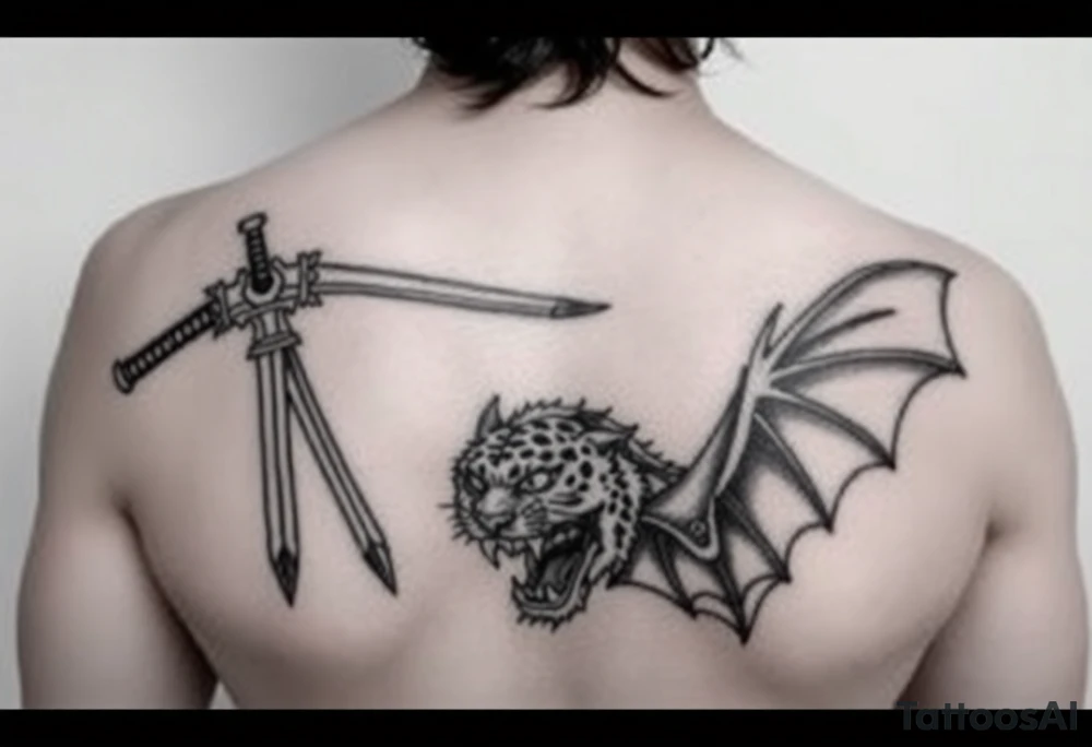 Tattoo design featuring Kuwabaras spirit Sword, Yusukes spirit gun, Toradoras palm top tiger, and the Demon devil bat tattoo idea