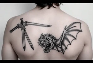 Tattoo design featuring Kuwabaras spirit Sword, Yusukes spirit gun, Toradoras palm top tiger, and the Demon devil bat tattoo idea
