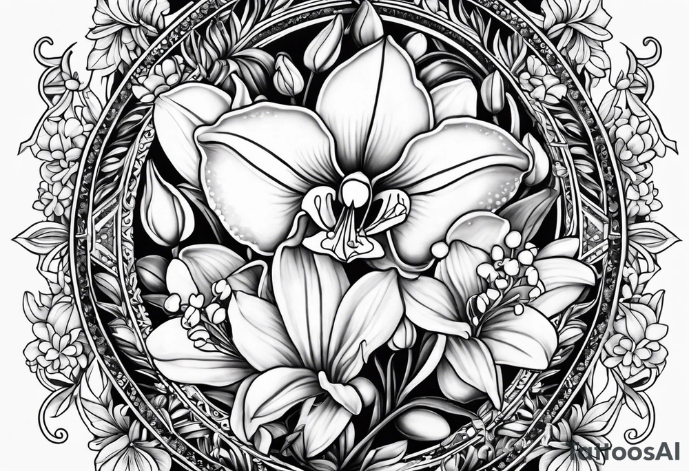 Honeysuckle lily of the valley orchid snapdragon mandala black tattoo design tattoo idea