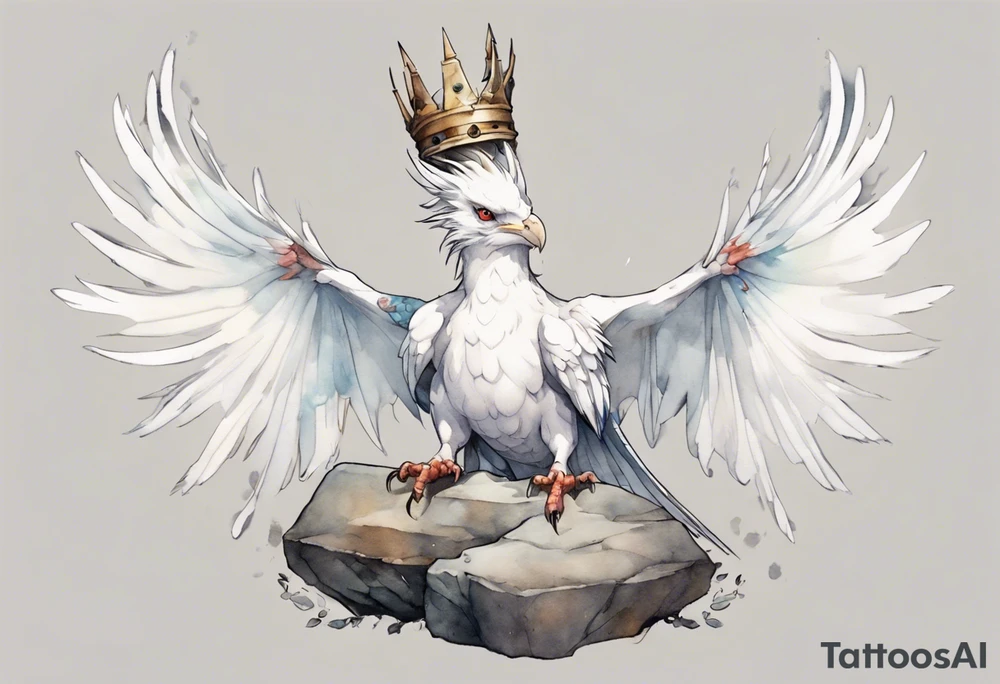 a white bird-wyvern hybrid, wearing a plain iron crown on head, perched on a stone tattoo idea