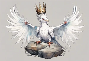 a white bird-wyvern hybrid, wearing a plain iron crown on head, perched on a stone tattoo idea