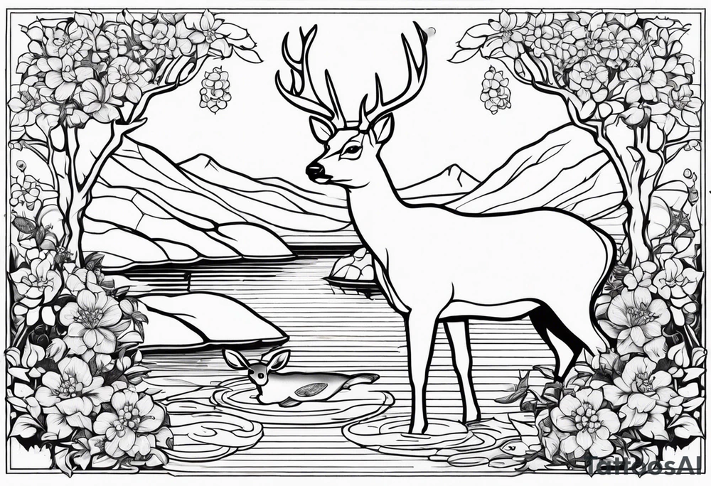 Deer with pond and fish background dogwood flowers tattoo idea