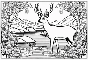 Deer with pond and fish background dogwood flowers tattoo idea