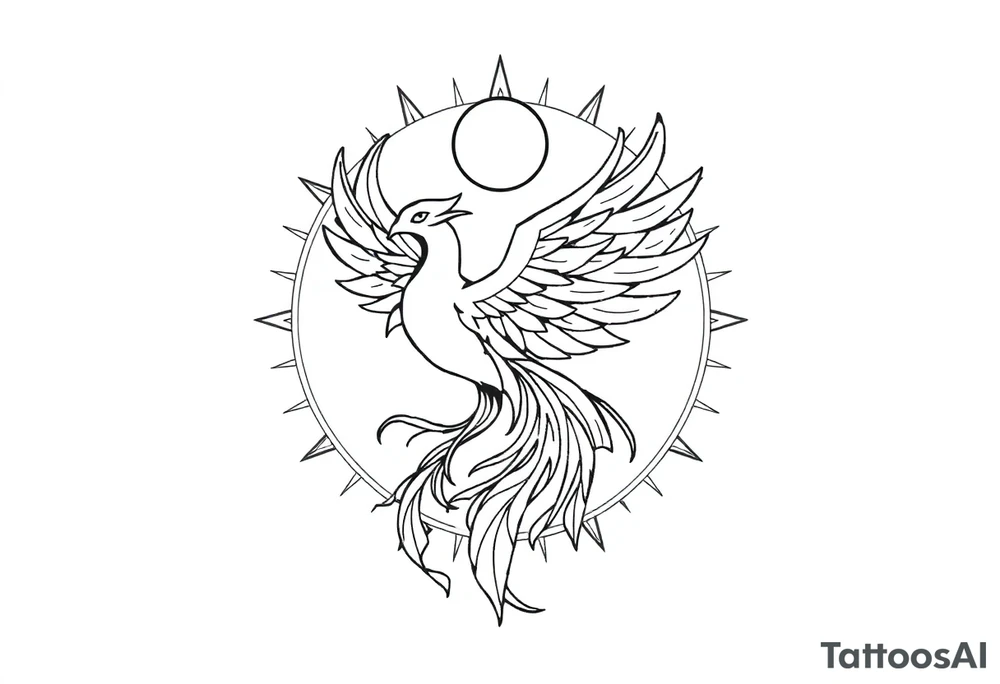 magical phoenix rising from golden flames with trailing embers surrounded by geometric sun and moon tattoo idea