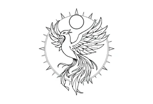 magical phoenix rising from golden flames with trailing embers surrounded by geometric sun and moon tattoo idea