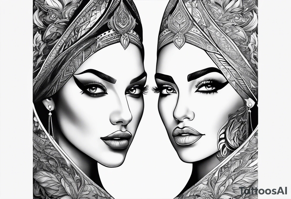 2 womans faces looking into each other eyes the womans face on the right side morphs into a city and the womans face on the left side morphs into mountains tattoo idea