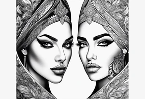2 womans faces looking into each other eyes the womans face on the right side morphs into a city and the womans face on the left side morphs into mountains tattoo idea