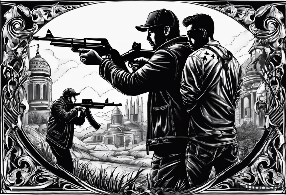 In the reflection of a eye two black siloets of people holding guns one man dead on the ground with a wounded woman standing behind him tattoo idea