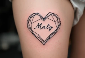 Minimalist line-art heart enclosing "Maty – 18.2.2017 v 6:05" in muted charcoal gray. tattoo idea