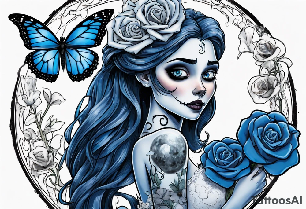corpse bride Emily wearing a wedding dress she is holding a blue rose bouquet of flowers. one white daisy in the middle of the bouquet. one blue butterfly. A full moon on the background. full grown tattoo idea