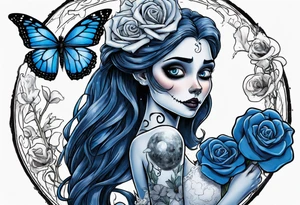 corpse bride Emily wearing a wedding dress she is holding a blue rose bouquet of flowers. one white daisy in the middle of the bouquet. one blue butterfly. A full moon on the background. full grown tattoo idea