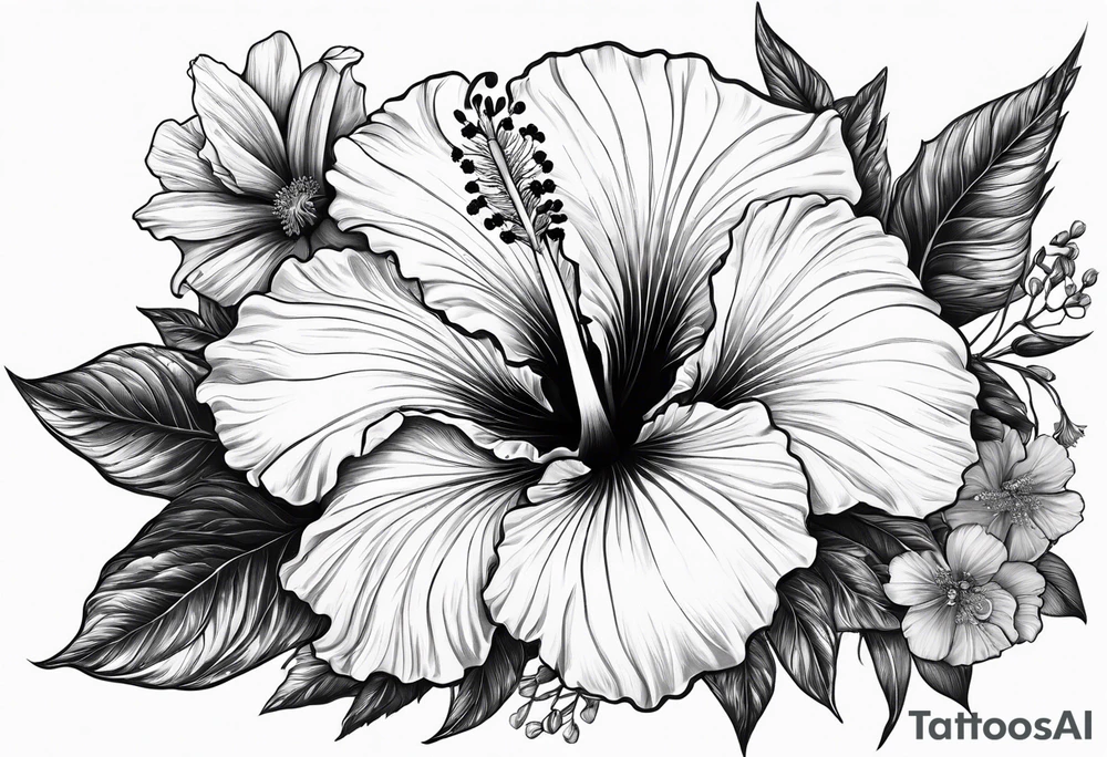 Hibiscus with wildflowers, poppy, complimentary flowers tattoo idea