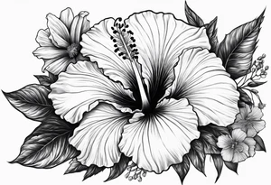 Hibiscus with wildflowers, poppy, complimentary flowers tattoo idea
