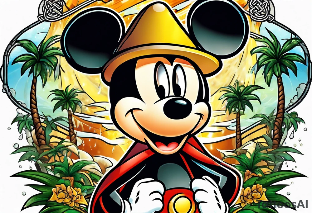 mickey mouse in a lightning storm with palm trees and the celtic symbol for family tattoo idea