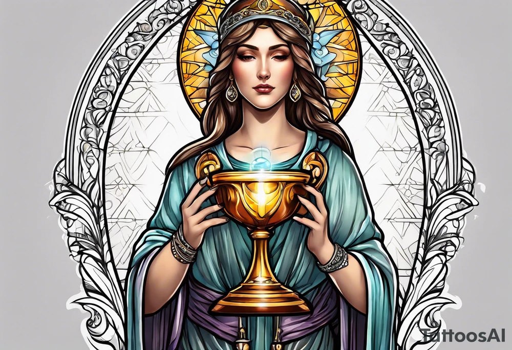 holy saint woman with halo holding a chalice tattoo idea