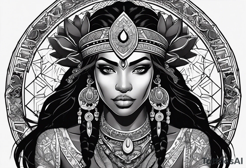 valkrye, kali, pirate, african goddess, , warrior, native american, lotus, zenza resonance, skulls, dragon, pachamama, left side face, chest, right wing, tattoo idea