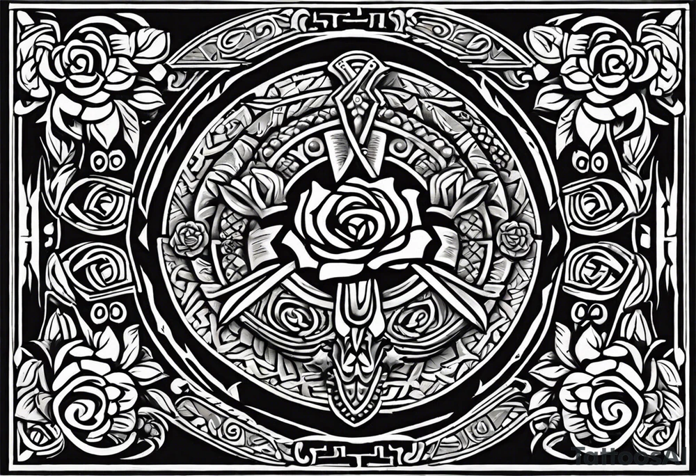 Design a masculine tattoo depicting three delicate rose buds being embraced and protected by 
Aztec weapons. The weapons should include elements such as the macuahuitl (Aztec sword-club), obsidian blades, and Mayan calendar, arranged in a way that forms a protective circle or embrace around the roses. Carve the entire image as if it were a stone sculpture by an ancient Aztec artist, with the texture resembling intricately detailed stone carvings. The roses should be slightly softer but still stylized in stone, giving the entire tattoo a powerful, yet artistic and ancient feel. Use bold, sharp lines to capture the essence of Aztec craftsmanship tattoo idea