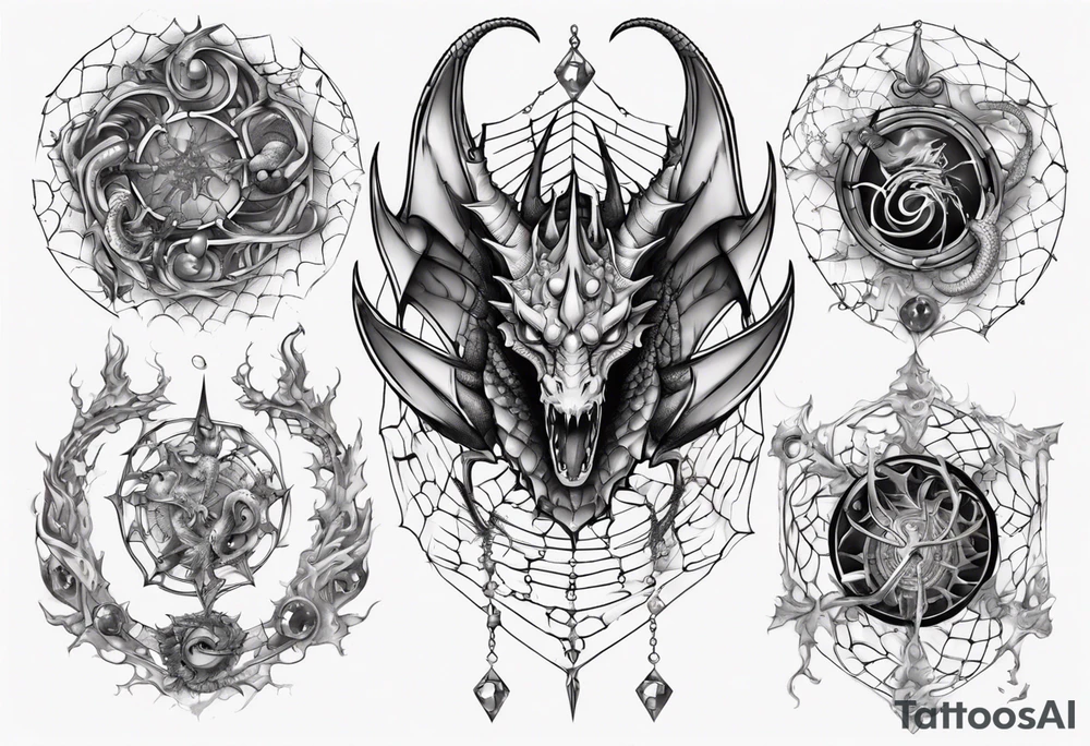 Dragon in a spiral spiderweb with jewels and shattered chalices and a spiral horn tattoo idea