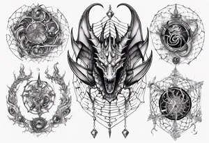 Dragon in a spiral spiderweb with jewels and shattered chalices and a spiral horn tattoo idea