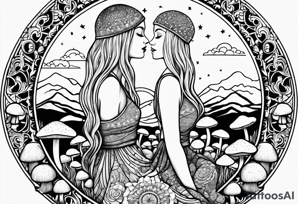 Straight blonde hair girl holding mushrooms in hand meditating facing away toward mountains surrounded by mushrooms crescent moon mandala circular design black and white striped dress tattoo idea