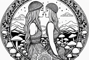 Straight blonde hair girl holding mushrooms in hand meditating facing away toward mountains surrounded by mushrooms crescent moon mandala circular design black and white striped dress tattoo idea