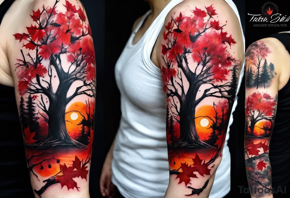trash polka style. Arm tattoo. Long tattoo. Full sleeve. Shoulder. A single large maple tree with red autumn leaves that branches upwards from wrist to shoulder. White-throated dipper bird on the trees branches. Calluna flowers at the base of the trees stem. Tree stem has dark colors. Red/yellow sunset behind the trees stem. Leaves falling. tattoo idea