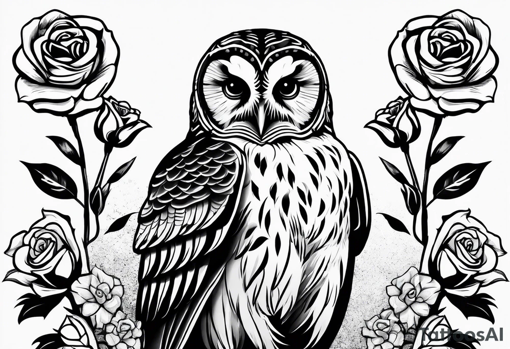 Barred owl with a single rose tattoo idea