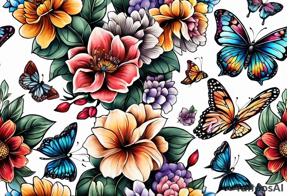Sleeve with butterflies and colorful flowers tattoo idea