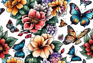 Sleeve with butterflies and colorful flowers tattoo idea