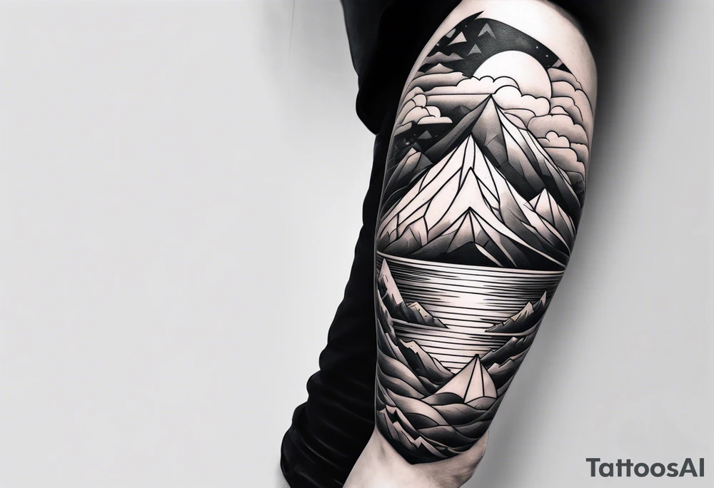 Mountain ocean geometric male full leg sleeve tattoo idea
