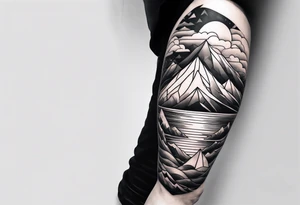 Mountain ocean geometric male full leg sleeve tattoo idea