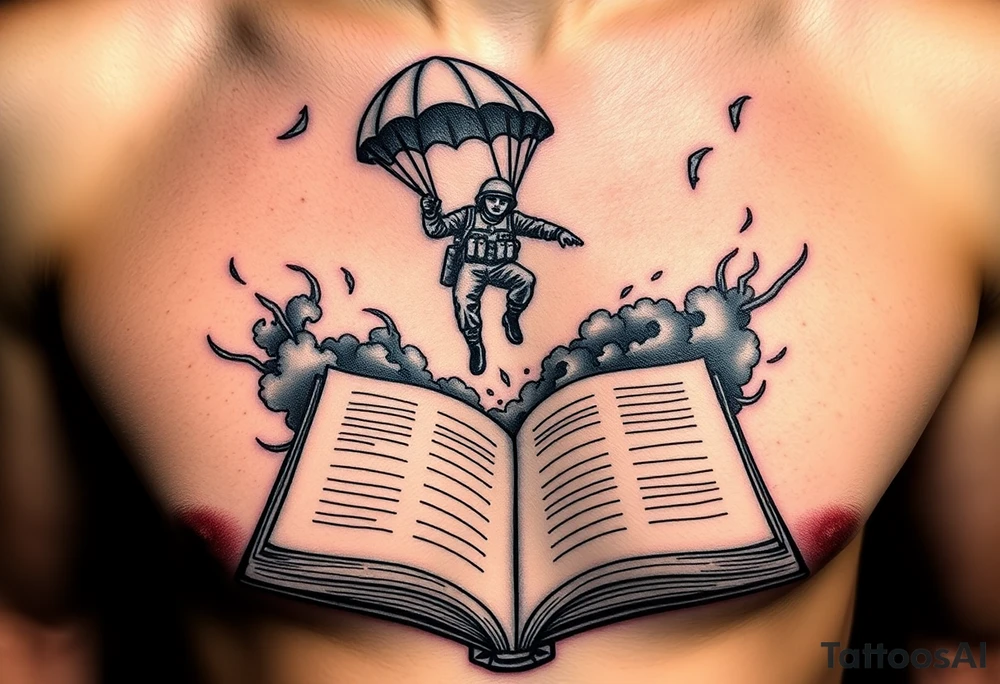 A parachuting soldier falling into an open book. Chaos surrounding, but the book is protecting the soldier from it. On the chest. Make the tattoo smaller. Make it thought provoking. Make the chaos in the environment be an eerie mist. Make the pages in the book be blank. Just one soldier, no other characters. the book is old. tattoo idea