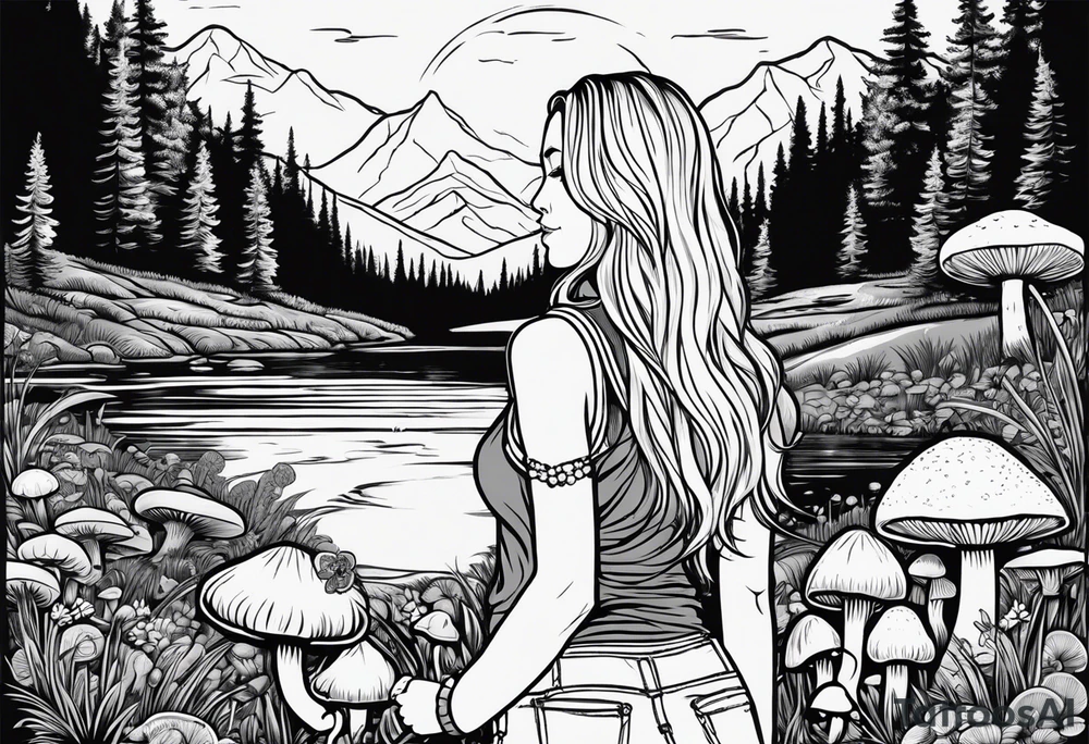 Whole picture encircled fully

Straight long blonde hair hippie girl in distance holding mushrooms in hand facing away toward mountains and creek surrounded by mushrooms long sleeve shirt and hiking pants; whole rendering within a full circle, no cut off circle tattoo idea