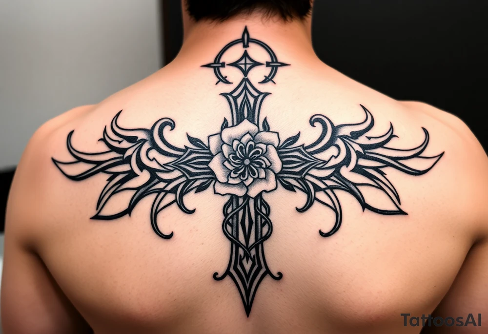 A very detailed cross with thorns vines from a rose with a halo above it and clouds around it and possibly wings on the sides or no wings in the sides but is a very detailed tattoo for my shoulder tattoo idea