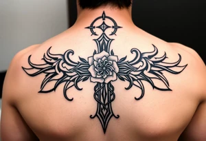 A very detailed cross with thorns vines from a rose with a halo above it and clouds around it and possibly wings on the sides or no wings in the sides but is a very detailed tattoo for my shoulder tattoo idea