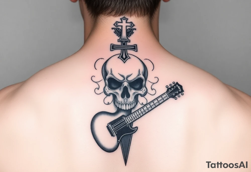 I would like to get a tattoo of a skull and a cross and in a guitar for your upper arm that would be covered with a sleeve and I want it just black and gray tattoo idea